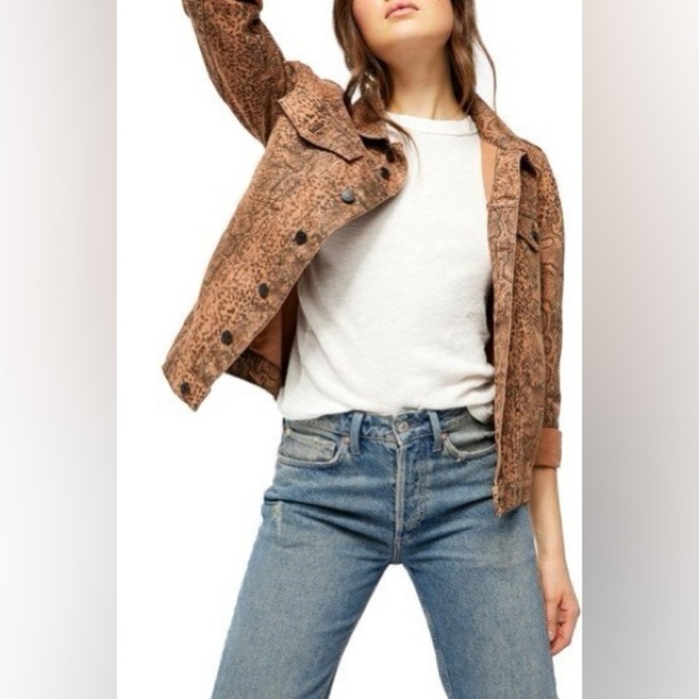 Free People Women’s snakeskin Printed Trucker
Denim Jacket